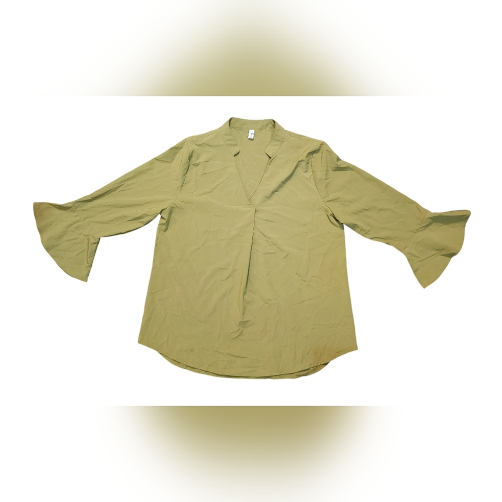 MISSLOOK Large Pastel Lime Green Bell Sleeve Dress Blouse V-Neck